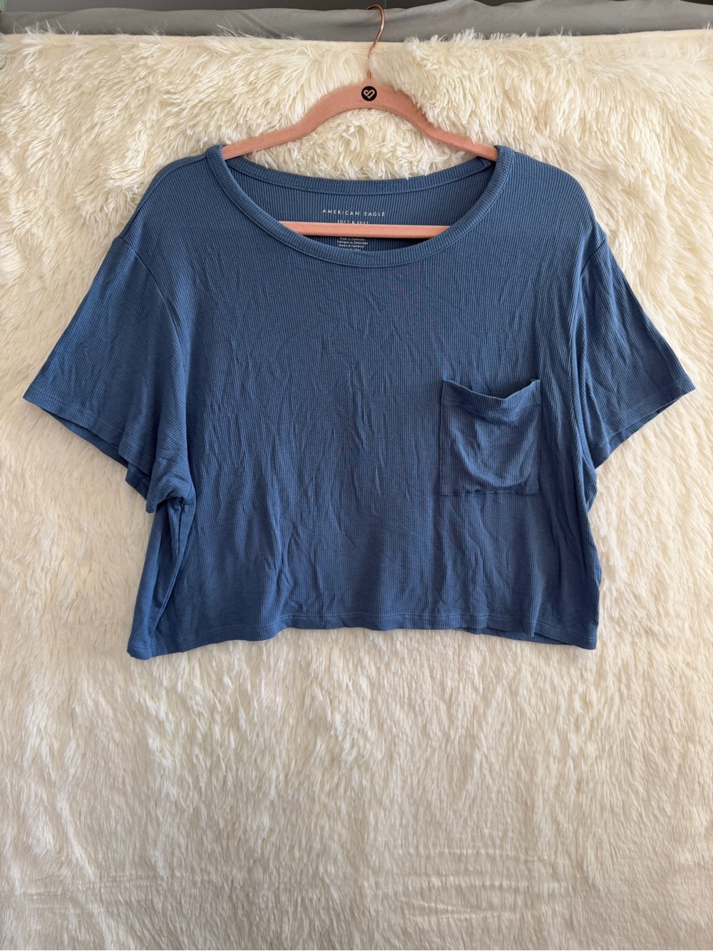 American Eagle Womens Cropped Soft & Sexy Ribbed Pocket T-Shirt Size XL Blue